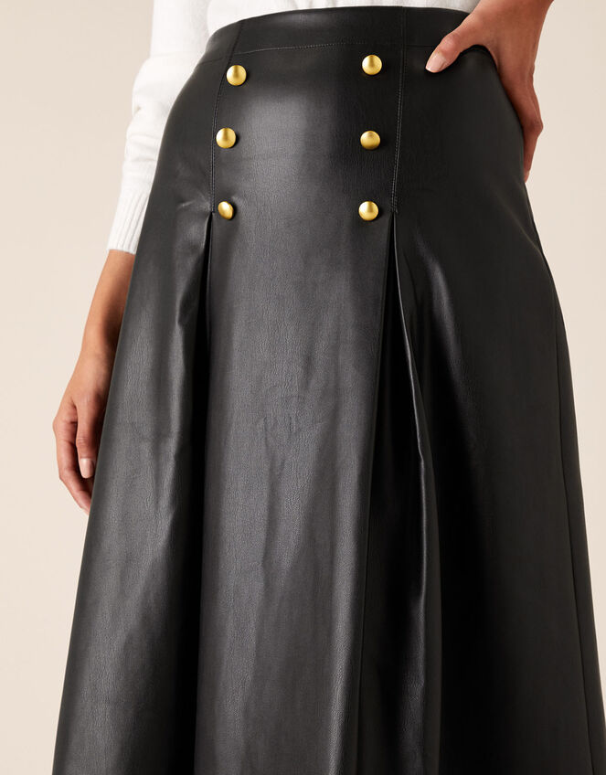 Gold Button Leather-Look Skirt, Black (BLACK), large