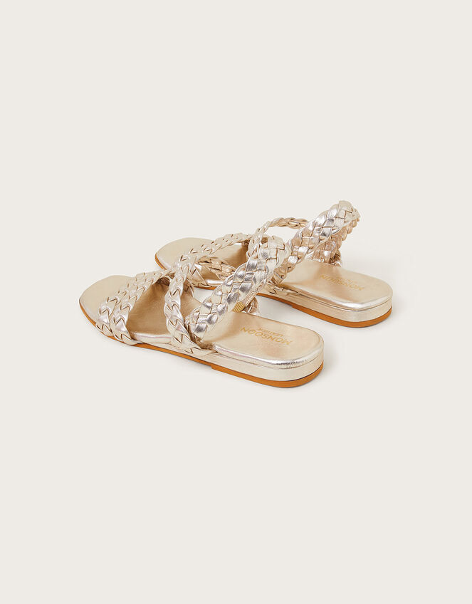Braided Leather Wedge Sandals, Gold (GOLD), large