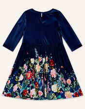Botanical Print Velvet Dress, Blue (NAVY), large