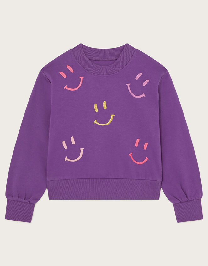 Happy Face Embroidered Sweatshirt, Purple (PURPLE), large