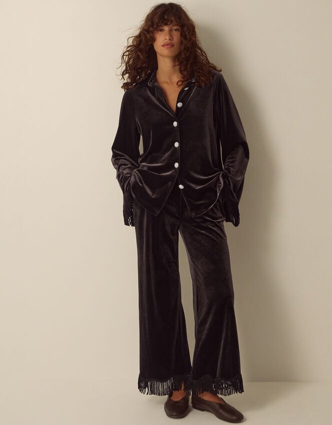 Tami Fringe Cuff Velvet Shirt, Brown (CHOCOLATE), large