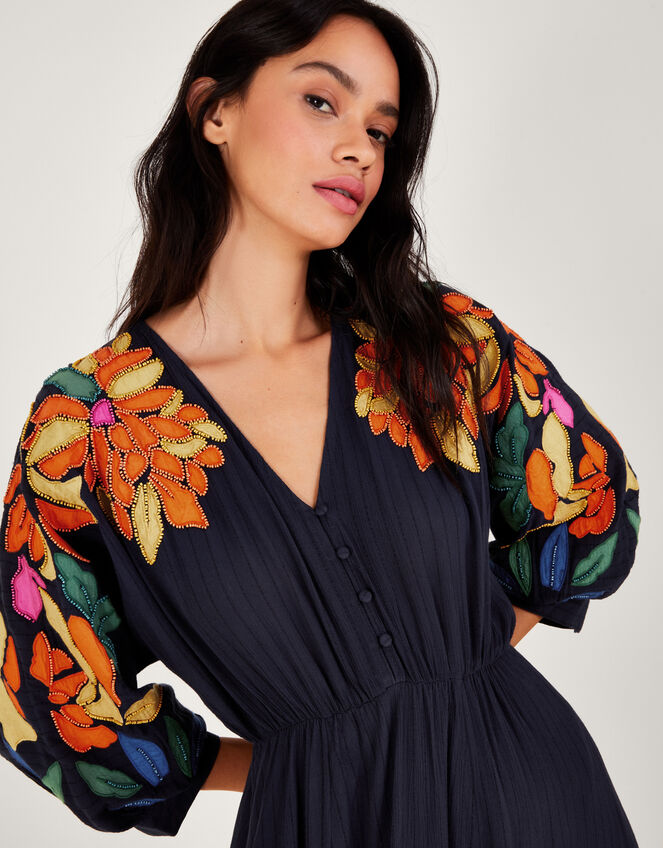 Leaf Embellished Applique Dress in in LENZING™ ECOVERO™, Blue (NAVY), large
