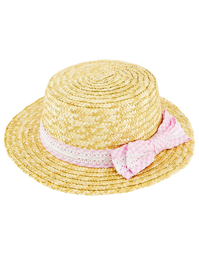 Straw Hat with Gingham Bow, Natural (NATURAL), large