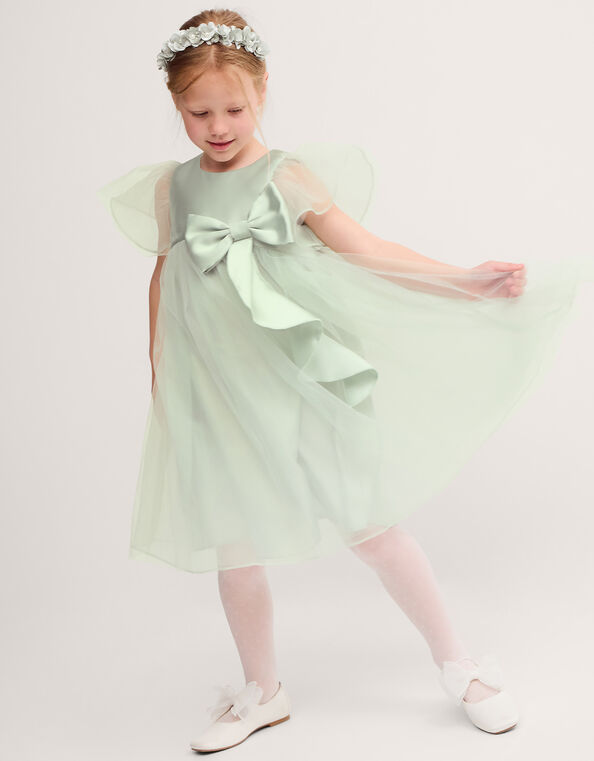 Winnie Satin Bow Party Dress, Green (SAGE), large