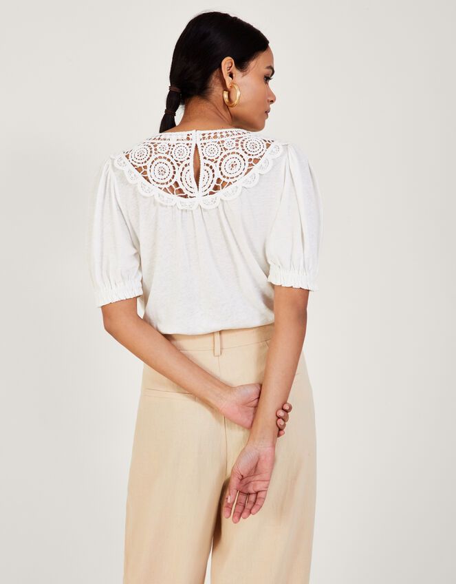 Crochet Frill Sleeve Top in Linen Blend, Ivory (IVORY), large
