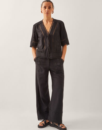 Hayley Embroidered Linen Blend Trousers, Black (BLACK), large