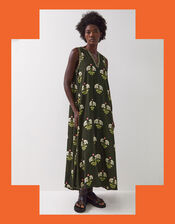 East Flossie Sleeveless Floral Maxi Dress, Green (KHAKI), large