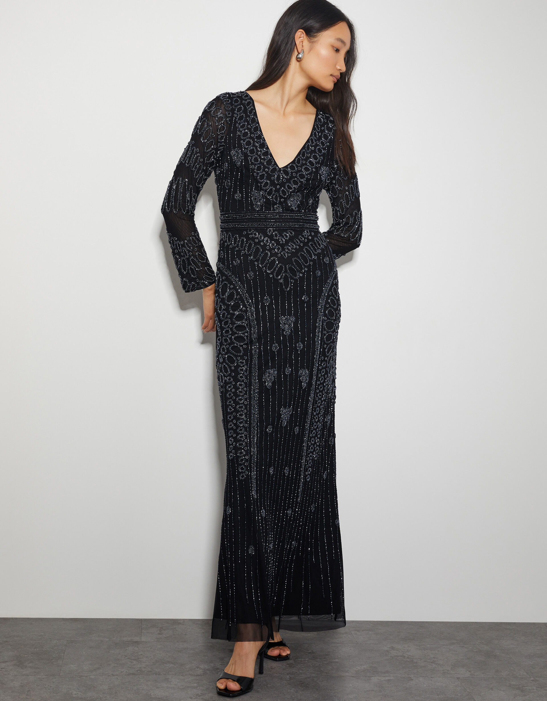 Lorelai Beaded Long Sleeve Maxi Dress Black
