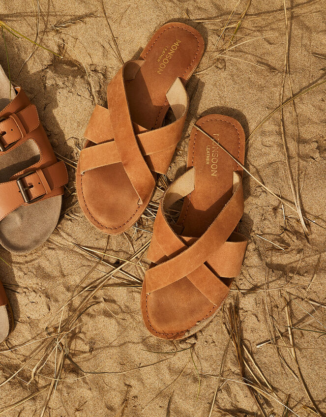 Leather Cross-Over Sliders, Tan (TAN), large