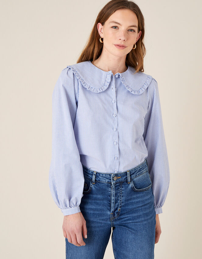 Frill Collar Stripe Poplin Shirt, Blue (BLUE), large