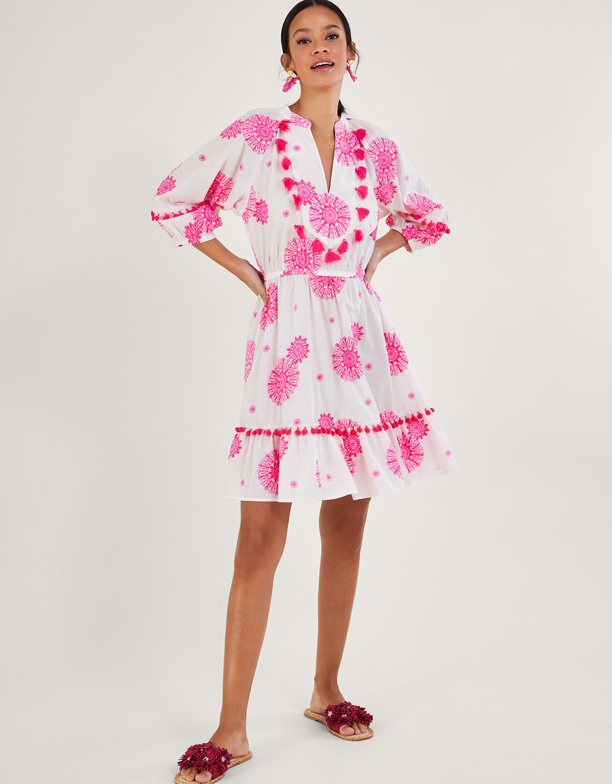 White tasseled embroidered midi store dress