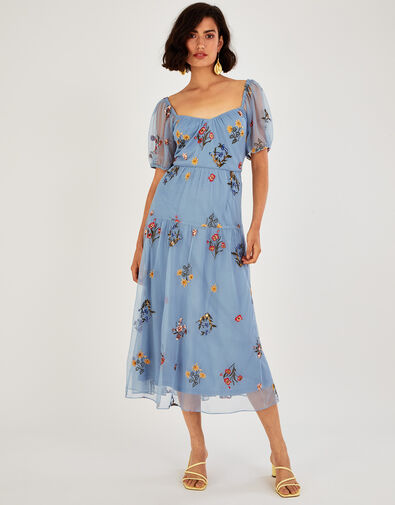 Cressida Embroidered Midi Dress in Recycled Polyester Blue, Blue (BLUE), large