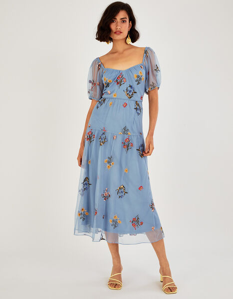 Cressida Embroidered Midi Dress in Recycled Polyester Blue, Blue (BLUE), large