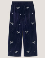 Bow Embellished Velour Trousers, Blue (NAVY), large