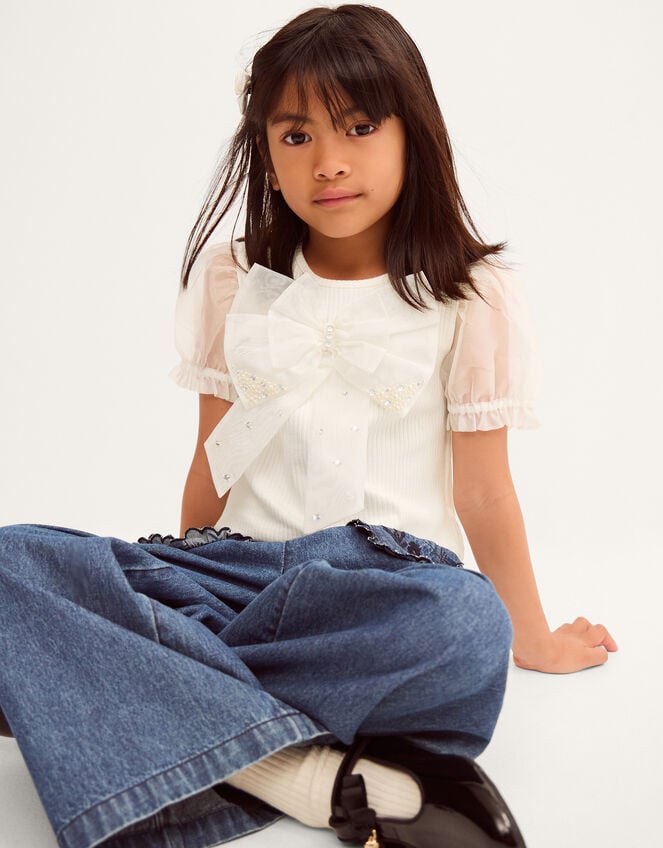 Embellished Puff Sleeve Bow T-Shirt, Ivory (IVORY), large