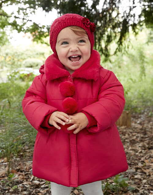 Baby Pom Padded Coat Red, Red Infant Girl Winter Coats