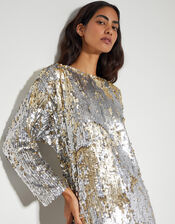 Marie Long Sleeve Sequin Midi Dress, Silver (SILVER), large