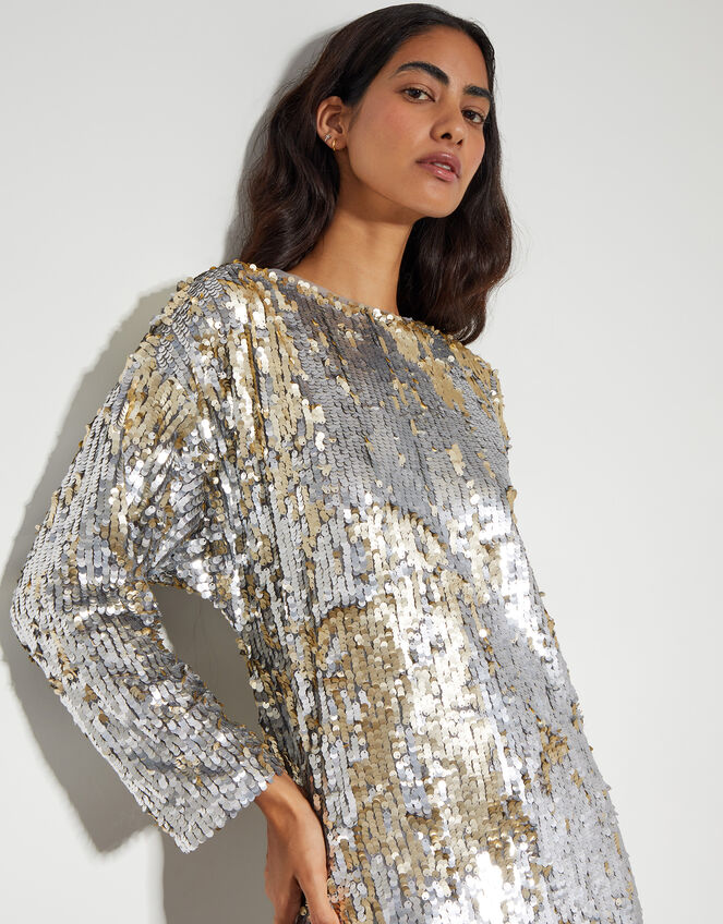 Marie Long Sleeve Sequin Midi Dress, Silver (SILVER), large