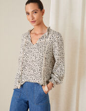 Floral Tie Neck Blouse, Cream (CREAM), large