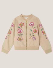 Embroidered Suedette Bomber Jacket, Camel (BEIGE), large