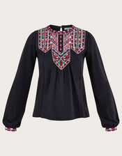 Embroidered Jersey Top, Black (BLACK), large