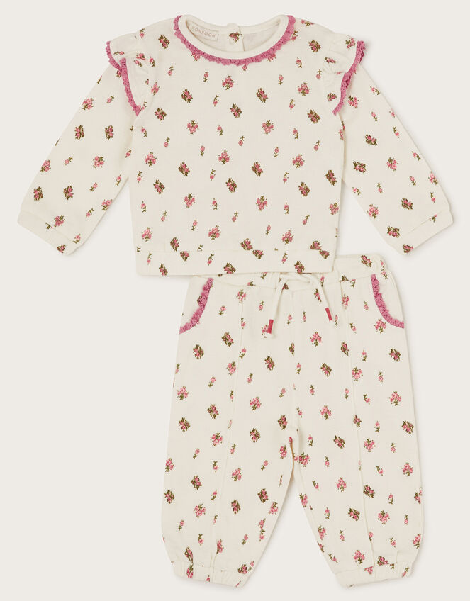 Newborn Floral Frilly Sweatshirt and Joggers Set, Ivory (IVORY), large