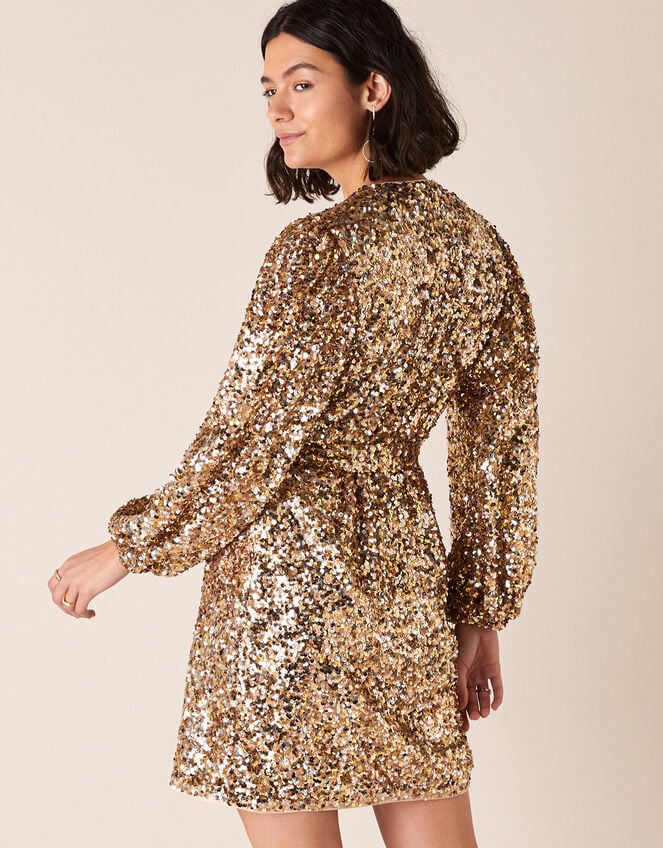 Jennifer Sequin Stretch Wrap Dress, Gold (GOLD), large
