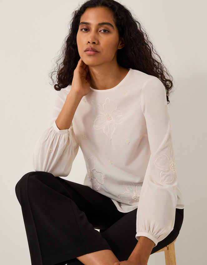 Regina Embroidered Floral Blouse, Cream (CREAM), large