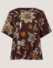 Esther Floral Linen Blend T-Shirt, Brown (CHOCOLATE), large