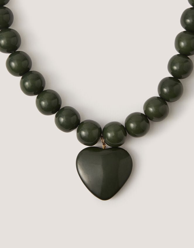 Beaded Resin Heart Pendant Necklace, Green (GREEN), large