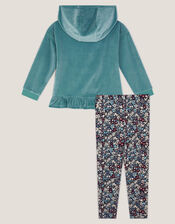 Embellished Velour Hoodie & Floral Leggings Set, Green (GREEN), large