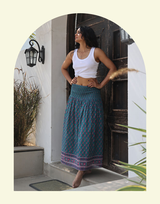 Dilli Grey Kaya Smocked Block Print Midi Skirt, Teal (TEAL), large