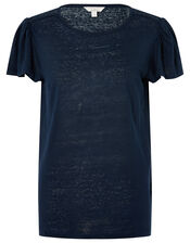 Flutter Sleeve T-Shirt in Pure Linen, Blue (NAVY), large
