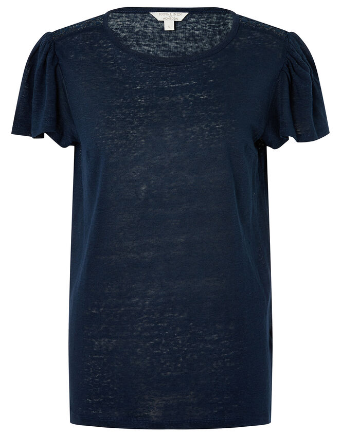 Flutter Sleeve T-Shirt in Pure Linen, Blue (NAVY), large