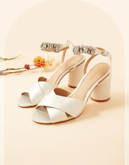 Embellished Trim Low Block Heel Bridal Sandals, Ivory (IVORY), large
