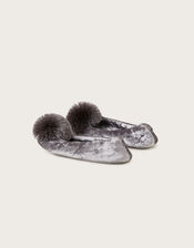 Velvet Pom-Pom Ballerina Flat Slippers, Grey (GREY), large