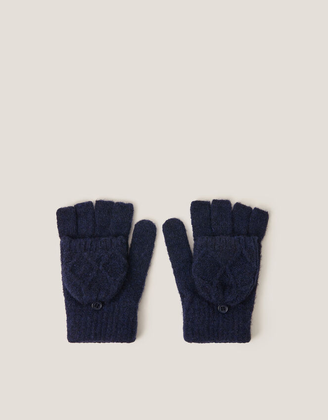 Diamond Fingerless Gloves with Mittens, Blue (NAVY), large