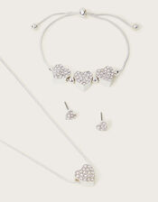 Diamante Heart Earrings Necklace and Bracelet Set, , large