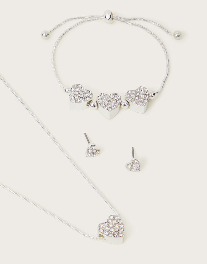 Diamante Heart Earrings Necklace and Bracelet Set, , large