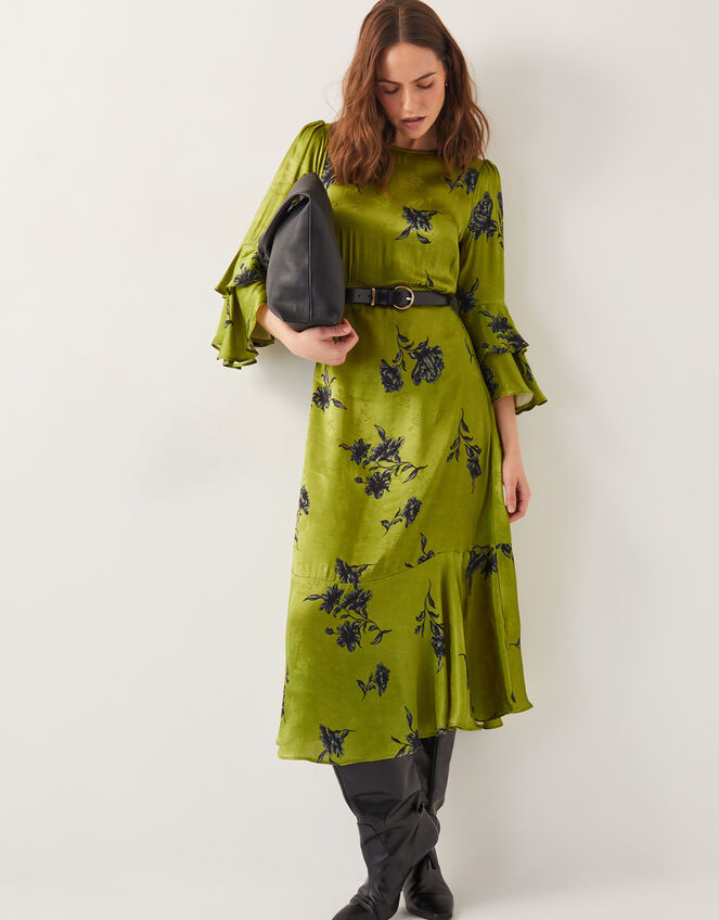 Pelia Satin Ruffle Midi Dress, Green (CHARTREUSE), large