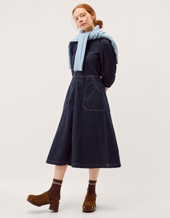 Erin Zip Denim Midi Dress, Blue (INDIGO), large