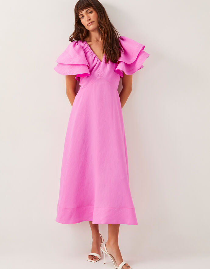 Pink Ruffle Dress Making Patricia Ruffle Sleeve Midi Dress Pink | Evening Dresses | Monsoon UK.