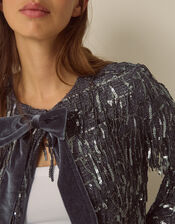Sabia Velvet Bow Sequin Jacket, Dark Silver (GUNMETAL), large