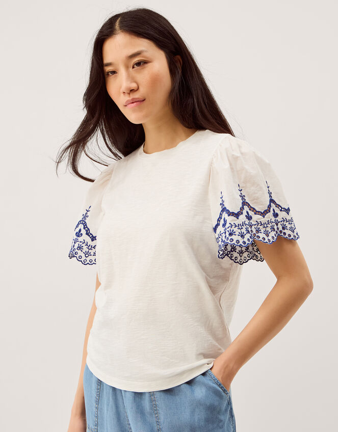 Bree Broderie Sleeve Jersey T-Shirt, White (WHITE), large