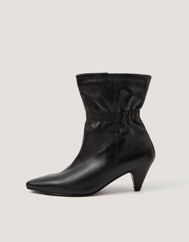 Fia Ruched Leather Kitten Heel Boots, Black (BLACK), large