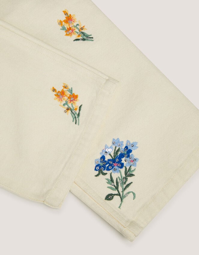 Sequin Floral Embroidered Wide Leg Jeans Ivory