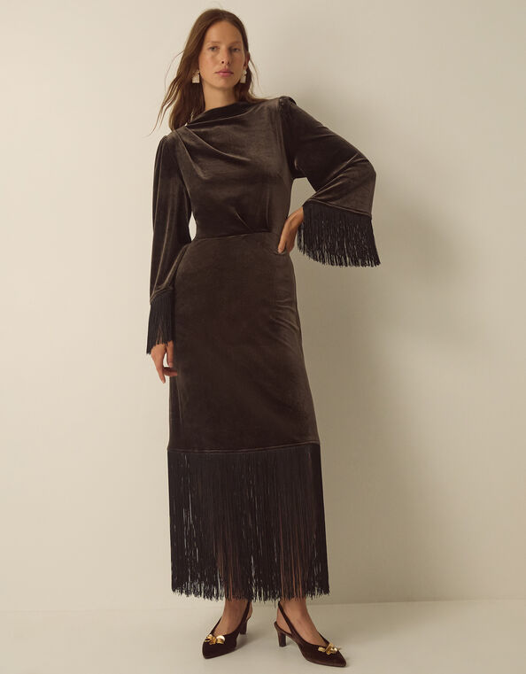 Tegan Long Sleeve Fringe Velvet Maxi Dress, Brown (CHOCOLATE), large