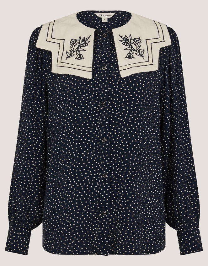 Ivy Embroidered Collar Polka Dot Blouse Blue
