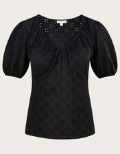 Broderie Jersey Gathered Top, Black (BLACK), large