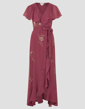 Ausha Floral Embellished Maxi Wrap Dress, DARK PINK, large